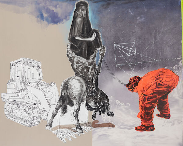 Mohamed Lekleti (Maroc, n°233; en 1965) Construire le Mythe (techniques mixtes sur toile signée et datée)