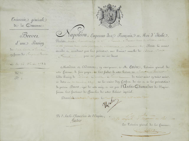 BREVET NAPOLEON BONAPARTE. Document signed ("Napoleon"), being a brevet authorizing the pension of 200 francs to be paid to Fran&#231;ois Bouvier, Tuileries, 1 March 1808