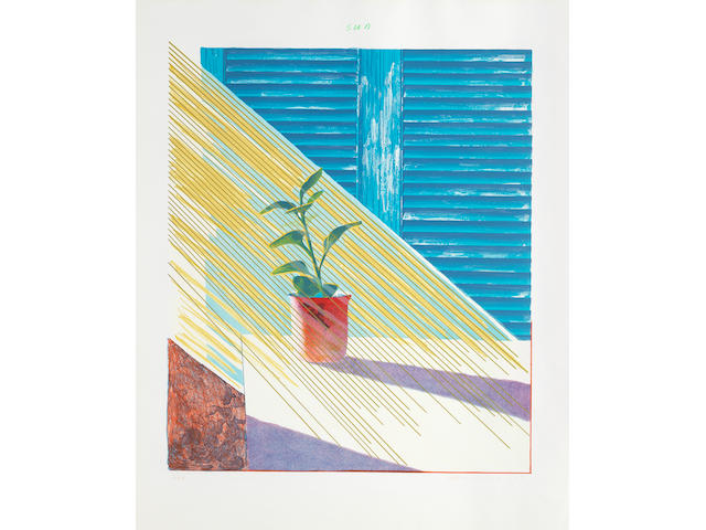 David Hockney (born 1937) Sun, from Weather Series Lithograph and screenprint in colours, 1973, on Arjomari paper, signed, dated and numbered 23/98 in red crayon (there were also 26 artist's proofs), published by Gemini G.E.L., Los Angeles, with their blindstamps and inkstamp on the reverse, the full sheet, in good condition, framedImage 743 x 641mm. (29 1/4 x 25 1/4in.); Sheet 935 x 771mm. (36 3/4 x 30 3/8in.)