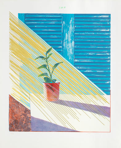 David Hockney (born 1937) Sun, from Weather Series Lithograph and screenprint in colours, 1973, on Arjomari paper, signed, dated and numbered 23/98 in red crayon (there were also 26 artist's proofs), published by Gemini G.E.L., Los Angeles, with their blindstamps and inkstamp on the reverse, the full sheet, in good condition, framedImage 743 x 641mm. (29 1/4 x 25 1/4in.); Sheet 935 x 771mm. (36 3/4 x 30 3/8in.)