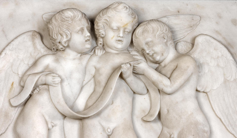 Bertel Thorvaldsen (Danish, 1770-1844): A rare and important signed Carrara marble bas-relief plaque of 'The Genii of Music Singing'   executed Rome, circa 1833-6