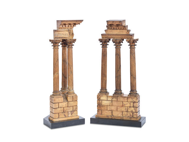 A pair of 19th century Italian 'Grand Tour' carved Siena marble models of the Temple of Vespasianus and the Temple of Castor and Pollux (2)