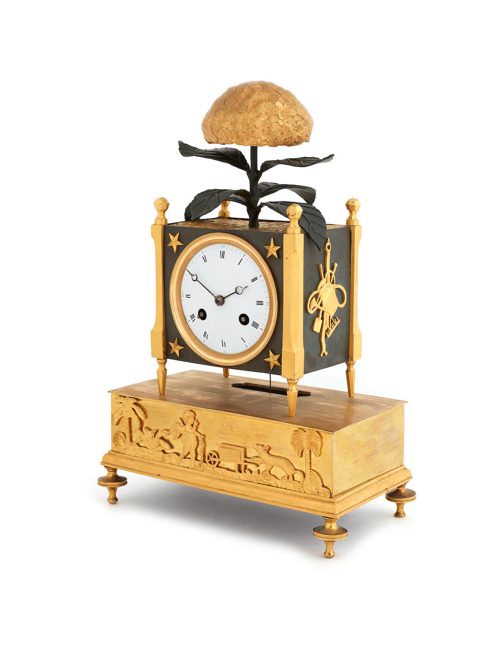 PENDULE D'EPOQUE EMPIRE A 'L'HORTENSIA' EN BRONZE DORE ET BRONZE PATINE A fine early 19th century ormolu and patinated bronze mantel clock depicting a flower 'a l'hortensia'