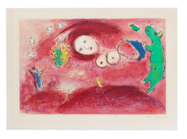 Marc Chagall (1887-1985) Printemps au Pr&#233;, from Daphnis et Chlo&#233; Lithograph in colours, 1961, on Arches wove paper, signed and numbered 12/60 in pencil, printed by Mourlot, published by T&#233;riade, Paris, the full sheet with a deckle edge at right and below, with minor light-staining, the colours still strong and vibrant, in good conditionImage 420 x 640mm. (16 1/2 by 25 1/4in.); Sheet 538 x 756mm. (21 1/4 x 29 3/4in.)