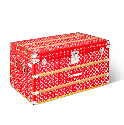 Louis Vuitton x Supreme A Limited Edition Red And White Monogram Malle Courrier 90 Trunk, 2019 (includes padlock, keys and cloche)