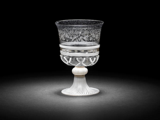 An exceptional Venetian engraved latticinio goblet, late 16th century