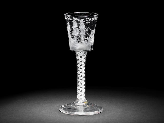 A rare and important Privateer wine glass for The Lyon, circa 1756-60