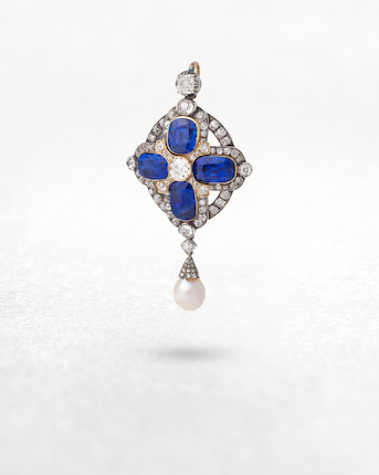 SAPPHIRE, DIAMOND AND NATURAL PEARL PENDANT, LATE 19TH CENTURY image 1