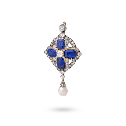 SAPPHIRE, DIAMOND AND NATURAL PEARL PENDANT, LATE 19TH CENTURY image 5