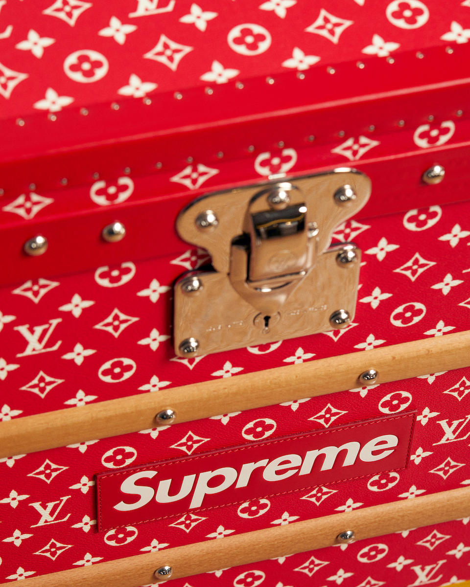 Louis Vuitton x Supreme A Limited Edition Red And White Monogram Malle Courrier 90 Trunk, 2019 (includes padlock, keys and cloche)