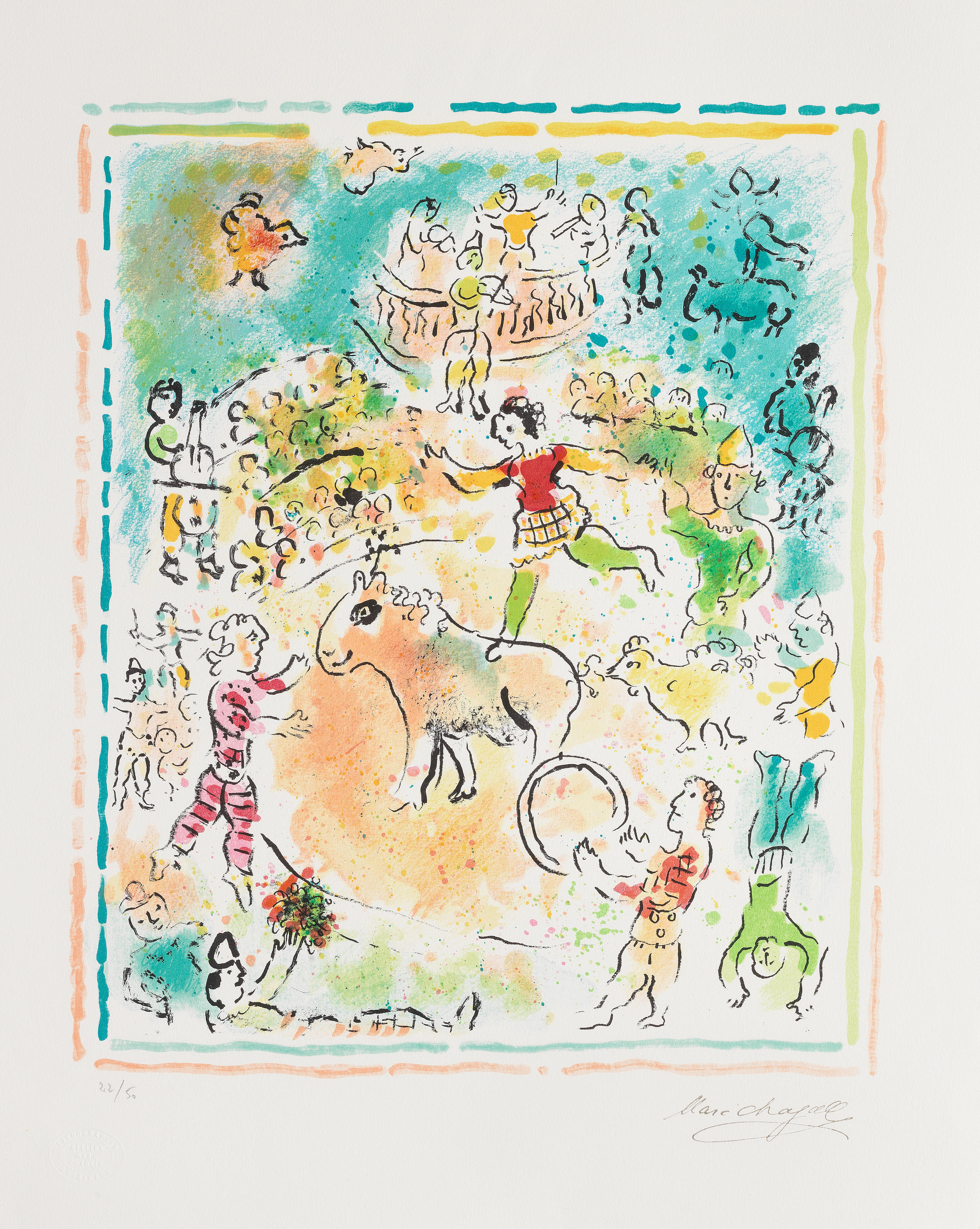 Marc Chagall (1887-1985) Burlesque au Cirque, Février 1985 Lithograph in colours, 1985, on Arches wove paper, stamp signed and numbered 22/50 in pencil, with the artist's studio blindstamp, the full sheet with deckle edge at right, the colours strong and vibrant, in very good conditionImage 520 x 430mm. (20 1/2 x 16 7/8in.); Sheet 679 x 540mm. (26 3/4 x 21 1/4in.)