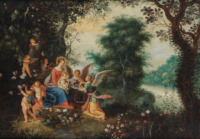 Abraham Govaerts (Antwerp 1589-1626) The Madonna and Child surrounded by angels in a landscape