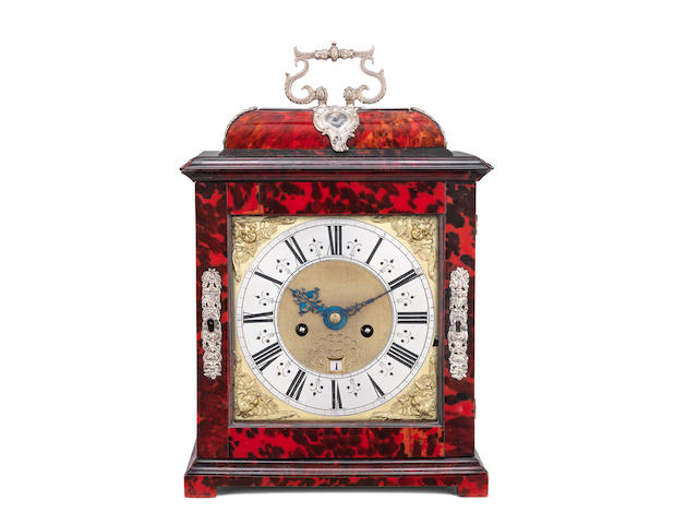 A rare late 17th century silver-mounted red-stained tortoise-shell veneered, quarter repeating table clock  Obadiah Grevill, London 3