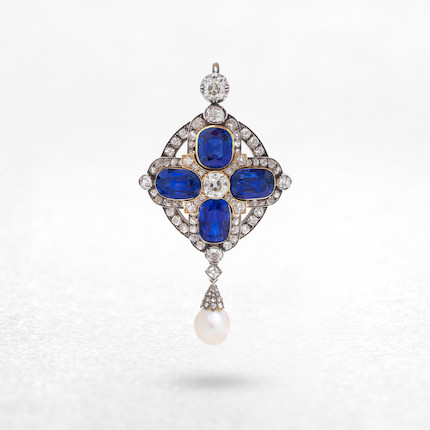 SAPPHIRE, DIAMOND AND NATURAL PEARL PENDANT, LATE 19TH CENTURY image 4