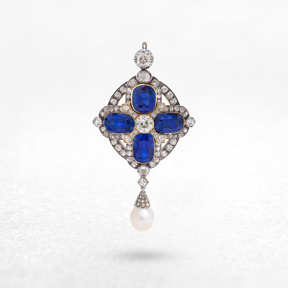 SAPPHIRE, DIAMOND AND NATURAL PEARL PENDANT, LATE 19TH CENTURY