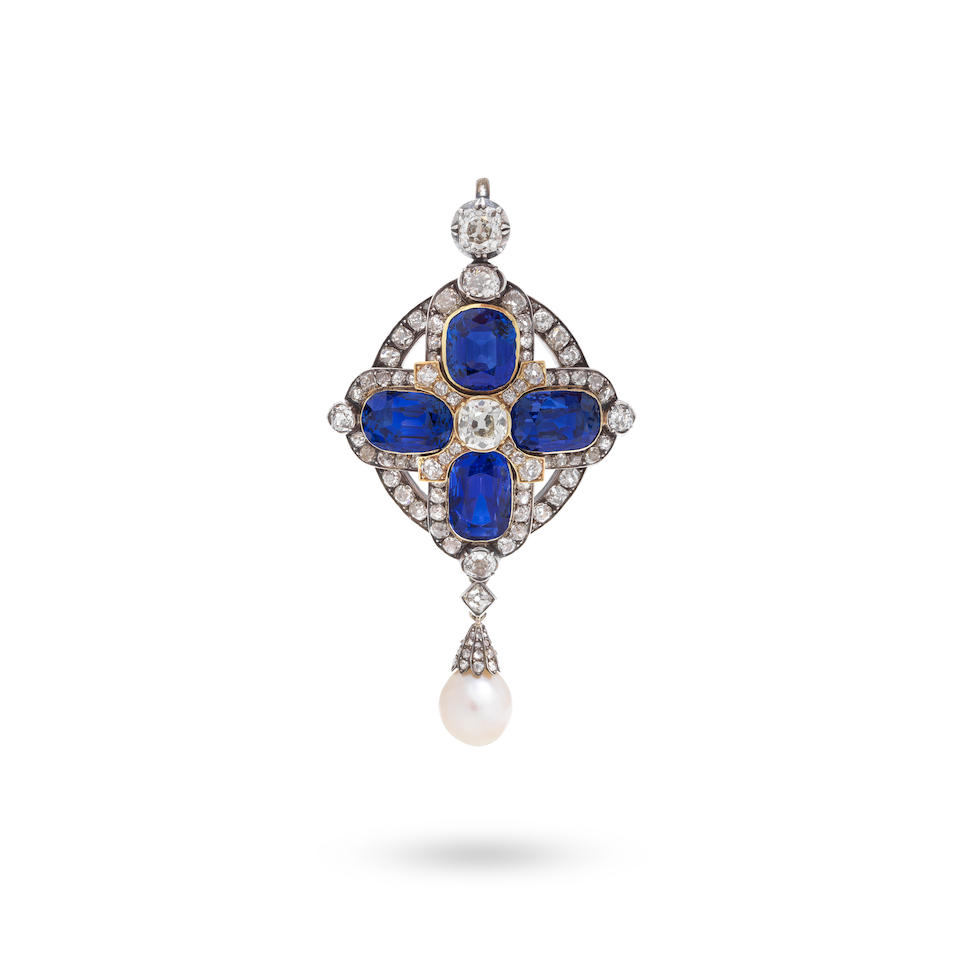 SAPPHIRE, DIAMOND AND NATURAL PEARL PENDANT, LATE 19TH CENTURY