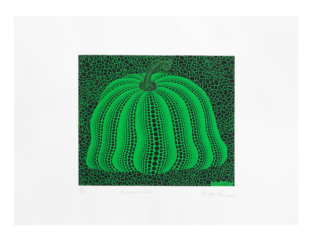 YAYOI KUSAMA (born 1929) Pumpkin 2000 (Green) Screenprint in colours, 2000, on wove paper, signed, titled, dated and numbered 36/100 in pencil, printed by K2 Screen, published by Serpentine Gallery, London, the full sheet, in very good condition, framedImage 300 x 350mm. (11 3/4 x 13 3/4in.); Sheet 480 x 640mm. (18 3/4 x 25 1/4in.)