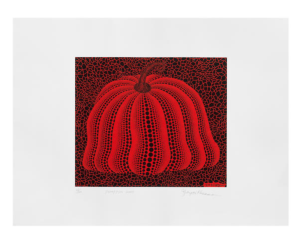 YAYOI KUSAMA (born 1929) Pumpkin 2000 (Red) Screenprint in red and black, 2000, on wove paper, signed, titled, dated and numbered 61/100 in pencil, printed by K2 Screen, published by Serpentine Gallery, London, the full sheet, in very good condition, framedImage 300 x 350mm. (11 3/4 x 13 3/4in.); Sheet 480 x 640mm. (18 3/4 x 25 1/4in.)