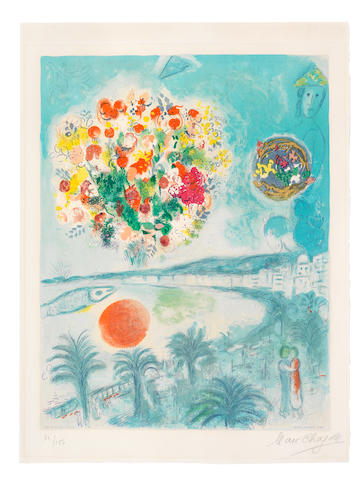 After Marc Chagall (1887-1985) By Charles Sorlier Soleil Couchant, from Nice et la C&#244;te d'Azur Lithograph in colours, 1967, on Arches wove paper, signed and numbered 82/150 in pencil, printed by Mourlot, Paris, with margins, a deckle edge at right, with mount and light-staining, the colours attenuated, otherwise in good overall condition  Image 595 x 455mm. (23 3/8 x 17 7/8in.); Sheet 695 x 522mm. (27 3/8 x 20 1/2in.)