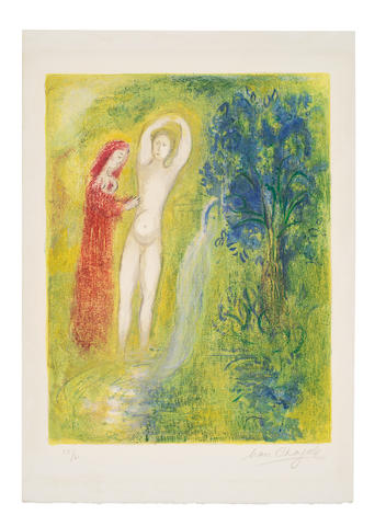 Marc Chagall (1887-1985) Daphnis et Chlo&#233; au Bord de la Fontaine, from Daphnis et Chlo&#233;  Lithograph in colours, 1961, on Arches wove paper, signed and numbered 55/60 in pencil, printed by Mourlot, published by T&#233;riade, Paris, the full sheet with a deckle edge below, with pale mount staining, the colours strong and fresh, in good conditionImage 425 x 322mm. (16 3/4 x 12 5/8in.); Sheet 542 x 377mm. (21 1/4 x 14 7/8in.)