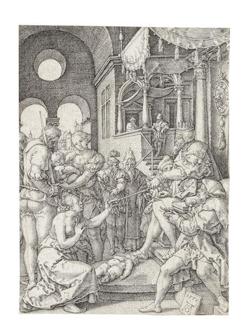 Heinrich Aldegrever (1502-1555) A Collection of twenty-two engravings Religious and ornamental designs, including The Judgement of Solomon, 1555, David tearing his clothes in grief, 1540, Sophonisba, 1553, Sextus Tarquinius and Lucretia, 1553, St Mark, 1539, Adam with a Lion, 1530, Children dancing under a canopy, circa 1532, Double scroll leaf ornament with a putto, 1549, predominantly on laid paper, good to fair impressions, several later impressions, most trimmed to or on the platemark, various conditions Plate 122 x 80mm. (4 7/8 x 31/8in.)(and smaller) 22