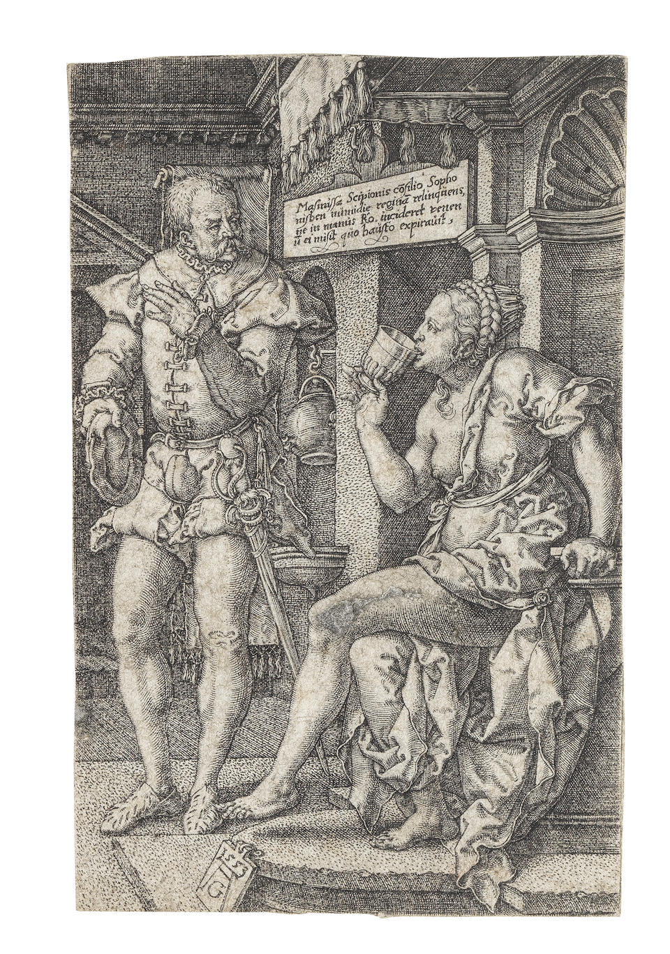 Heinrich Aldegrever (1502-1555) A Collection of twenty-two engravings Religious and ornamental designs, including The Judgement of Solomon, 1555, David tearing his clothes in grief, 1540, Sophonisba, 1553, Sextus Tarquinius and Lucretia, 1553, St Mark, 1539, Adam with a Lion, 1530, Children dancing under a canopy, circa 1532, Double scroll leaf ornament with a putto, 1549, predominantly on laid paper, good to fair impressions, several later impressions, most trimmed to or on the platemark, various conditions Plate 122 x 80mm. (4 7/8 x 31/8in.)(and smaller) 22