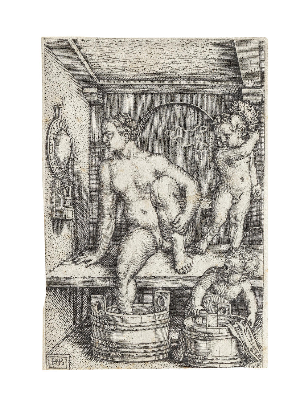 Hans Sebald  Beham  (1500-1550) A Collection of nine engravings Including Pacientia, 1540, with a skilfully repaired tear lower right, Lucretia Standing, circa  1541, Judith seated in an arch, 1547, Virgin and child with a parrot, 1549, Judith walking to the left with her servant, circa 1531, Woman with two children in a bathhouse, circa 1540, Three women bathing, 1548, Buffoon and two bathing women, 1541, Eve standing, 1523, on laid paper, good to fair impressions, some later impressions, with small margins or trimmed to the platemark, generally in good condition Plate 105 x 70mm. (4 1/8 x 2 3/4in.)(and smaller) 9