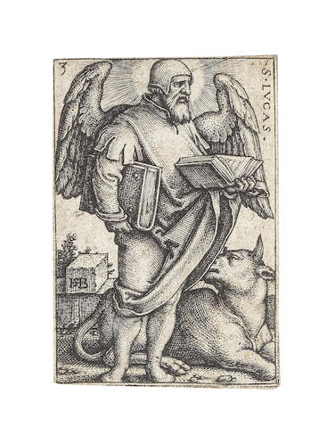 Hans Sebald  Beham  (1500-1550) A Collection of thirteen engravings Including St Luke, 1541, Three Soldiers and a dog, Guard near the Powder Casks, circa 1531-50, It is cold weather, 1542, The Standard Bearer, 1526, three plates from Cognition and the Seven Virtues, 1539, Charity, St Jerome with an angel, 1521, Saints Simon and Jude, 1520, St Sebald, 1521, Moses and Aaron, 1526, on laid paper, good to later impressions, most trimmed to the platemark, various conditions Sheet 120 x 100mm. (4 3/4 x 4in.)(and smaller) 13