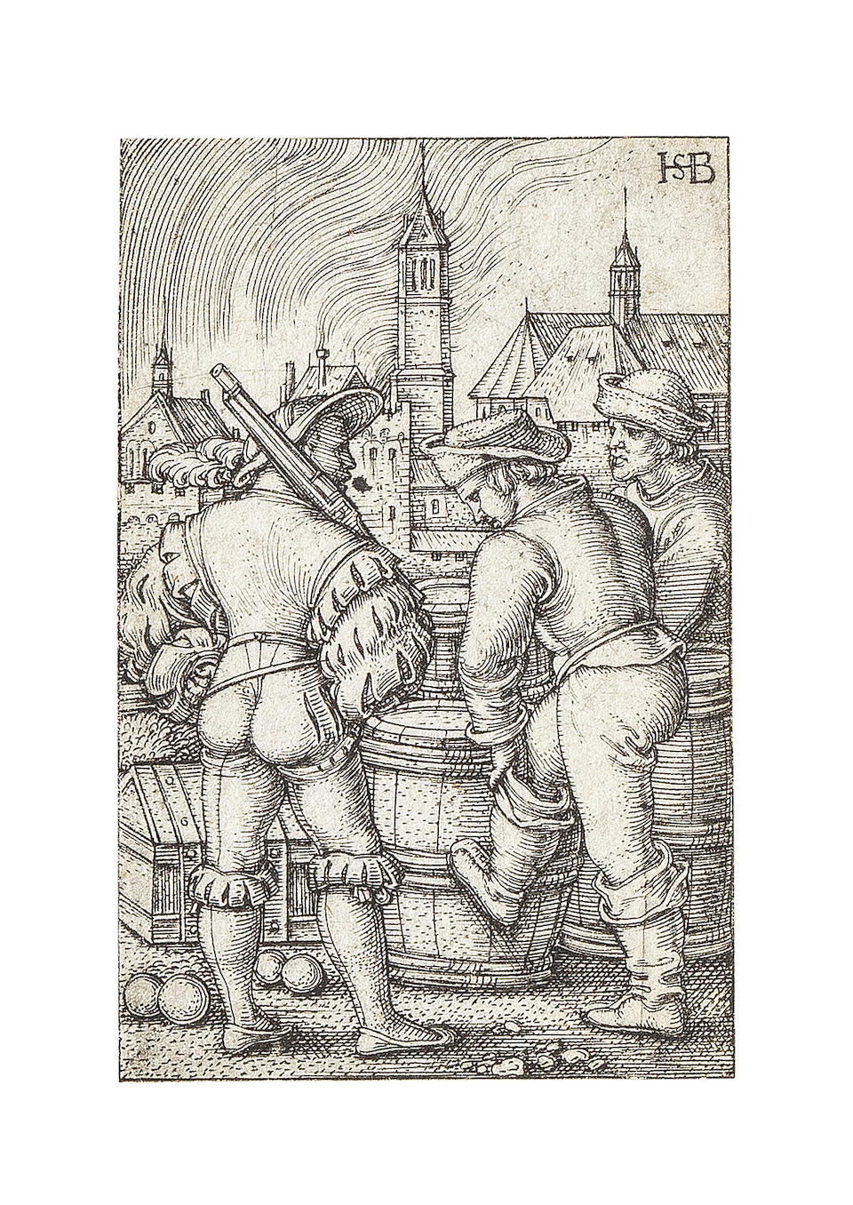 Hans Sebald  Beham  (1500-1550) A Collection of thirteen engravings Including St Luke, 1541, Three Soldiers and a dog, Guard near the Powder Casks, circa 1531-50, It is cold weather, 1542, The Standard Bearer, 1526, three plates from Cognition and the Seven Virtues, 1539, Charity, St Jerome with an angel, 1521, Saints Simon and Jude, 1520, St Sebald, 1521, Moses and Aaron, 1526, on laid paper, good to later impressions, most trimmed to the platemark, various conditions Sheet 120 x 100mm. (4 3/4 x 4in.)(and smaller) 13