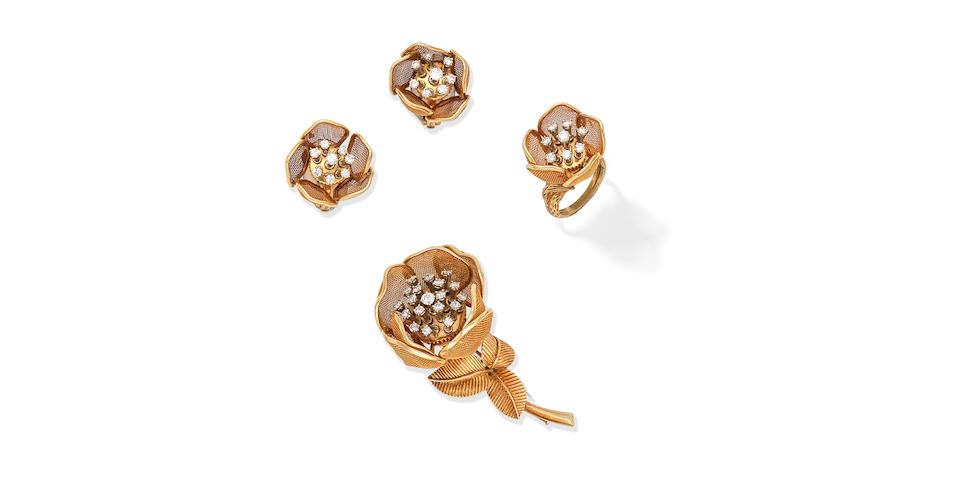PIAGET: DIAMOND-SET FLORAL BROOCH, EARRING AND RING SUITE (3)