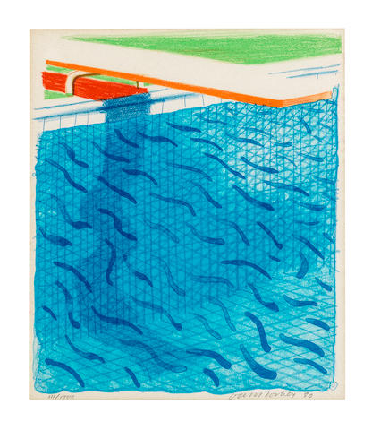 David Hockney (born 1937) Pool Made with Paper and Blue Ink for Book Lithograph in colours, 1980, on Arches wove paper, signed, dated and numbered 111/1000 in pencil, published by Tyler Graphics Ltd., Mount Kisco, New York, with their blindstamp, the full sheet, in very good condition, framed; together with the accompanying book Paper Pools, signed in red ink and stamp-numbered 111 on the justification, within the original card slipcaseSheet 265 x 228mm. (10 1/2 x 9in.)