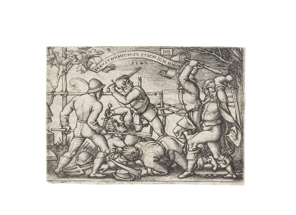 Hans Sebald  Beham  (1500-1550) The Peasants' Feast, or The Twelve Months Four engravings from the series, January and February, July and August, September and October, Peasants fighting, 1546; together with The Justice of Trajan, 1537, Peasants' Brawl, Alexander the Great and Bucephalus, on laid paper, good to fair impressions, latter two are late impressions, trimmed to or on the platemark, generally in good condition Sheet 111 x 80mm. (4 3/8 x 3 1/8in.)(and smaller) 7