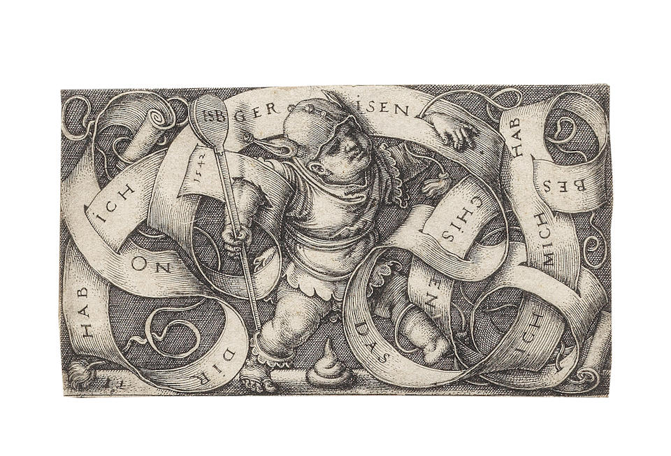Hans Sebald  Beham  (1500-1550) A Collection of twelve engravings Including Genius with Alphabet, 1542, The Little Buffoon, 1542, Ornament with two Genii riding Chimerical Beasts, 1544, Ornament with a Palmette, circa 1544, Double Goblet and two Genii, 1531, Coat of Arms with a Lion, 1544, Coat of Arms with a cock, 1543, Coat of Arms with an eagle, 1543, Ornament with a mask held by two Genii, 1544, Ornament with a mask, 1543, Female Genius holding a coat of Arms, 1535, Male Genius holding a Coat of Arms, 1535, on laid paper, good to fair impressions, some later impressions, trimmed to or on the platemark, generally in good condition Sheet 94 x 53mm. (3 3/4 x 2 1/8in.)(and smaller) 12