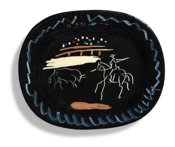 Pablo Picasso (1881-1973) Corrida sur fond noir  stamped Madoura Plein Feu/Edition Picasso (underneath)white earthenware ceramic plate, partially engraved, with coloured engobe and glazeConceived on 25 September 1953 and executed in an edition of 500315 x 390mm. (12 3/8 x 14 7/8in.)