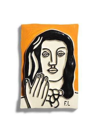 After Fernand L&#233;ger (1881-1955) Visage &#224; une main fond ocre Painted and glazed ceramic relief, circa 1950, titled and numbered 124/250 with the 'Mus&#233;e National F. LEGER_BIOT' stamp verso, France, in very good condition445 x 307mm. (17 1/2 x 12 1/8in.)