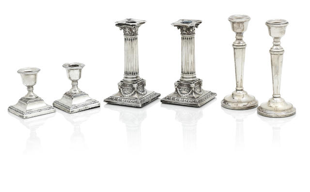 THREE PAIRS OF SILVER CANDLESTICKS  (6)