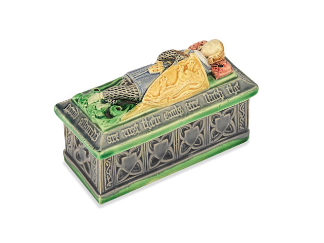 A very rare Minton majolica match box and cover, dated 1864