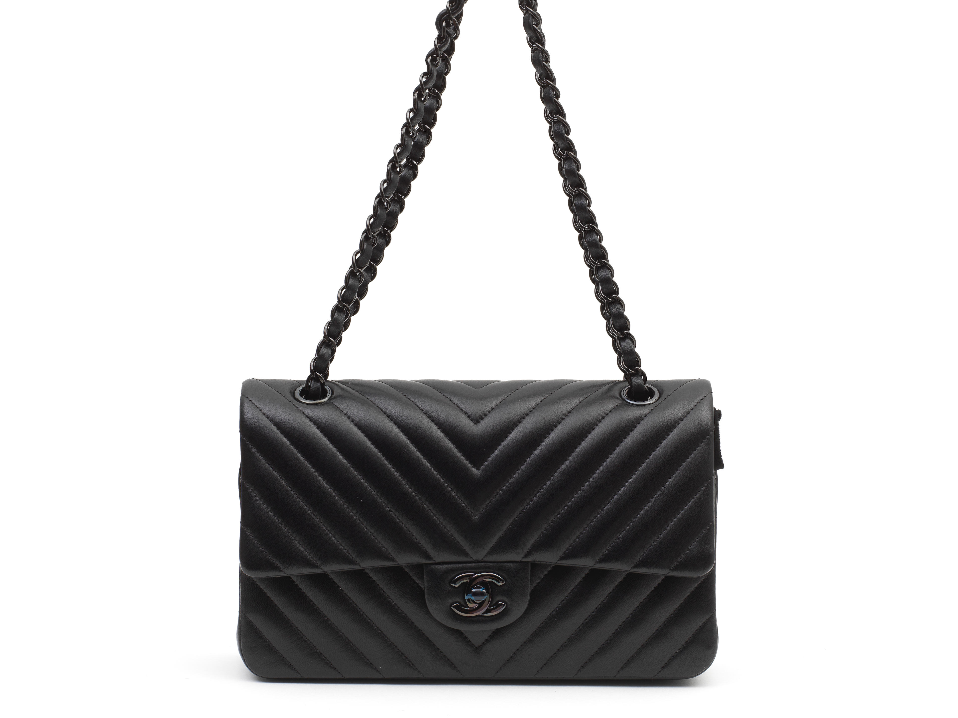 A SO BLACK CHEVRON QUILTED LAMBSKIN CLASSIC DOUBLE FLAP Chanel, Spring 2015 (includes serial sticker, authenticity card, felt protectors, dust bag and box)