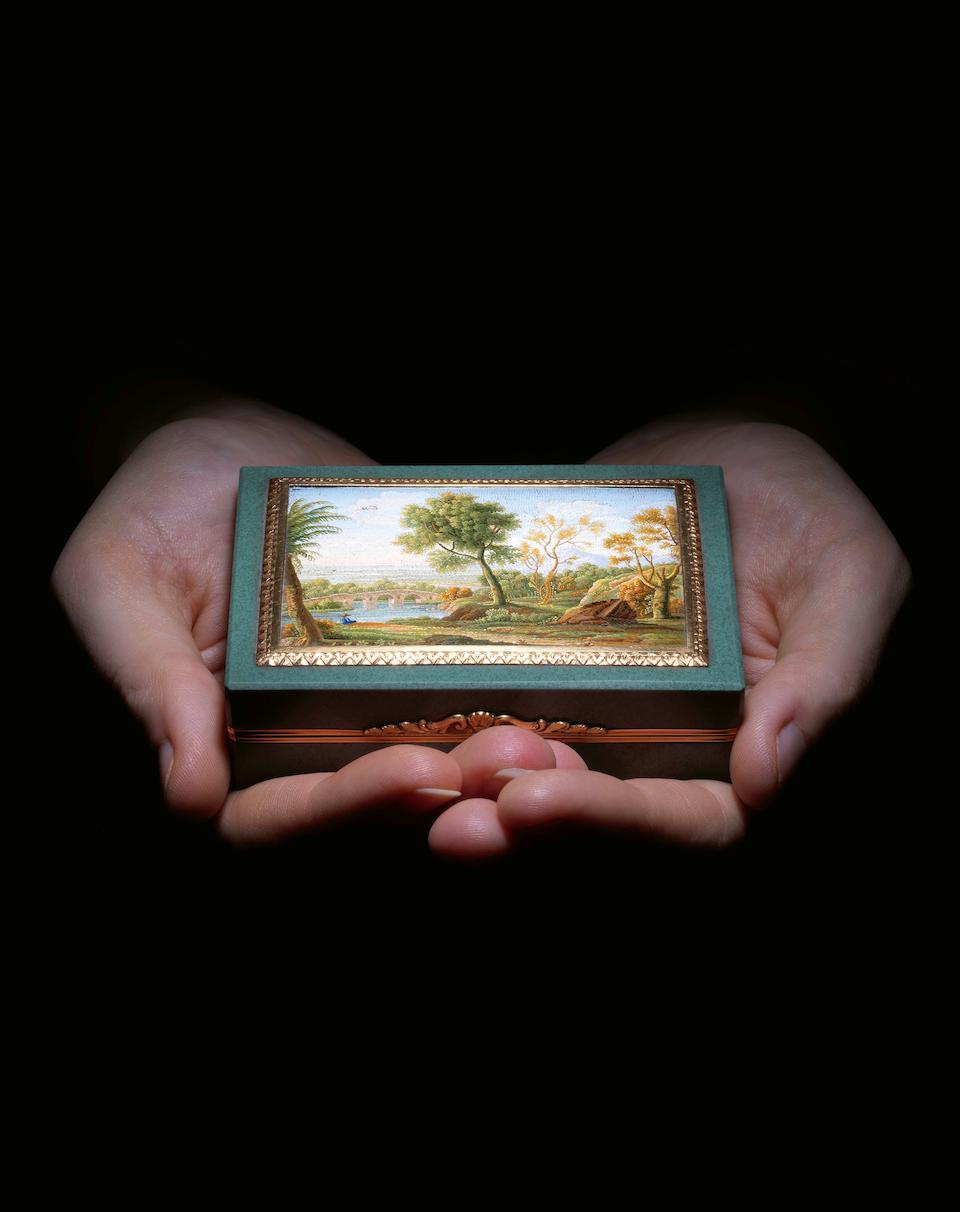 An early 19th century Italian micro mosaic and gold-mounted hardstone snuff box, by Camillo Picconi, Rome circa 1810-1815