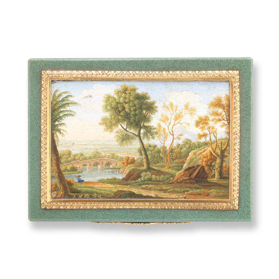 An early 19th century Italian micro mosaic and gold-mounted hardstone snuff box, by Camillo Picconi, Rome circa 1810-1815