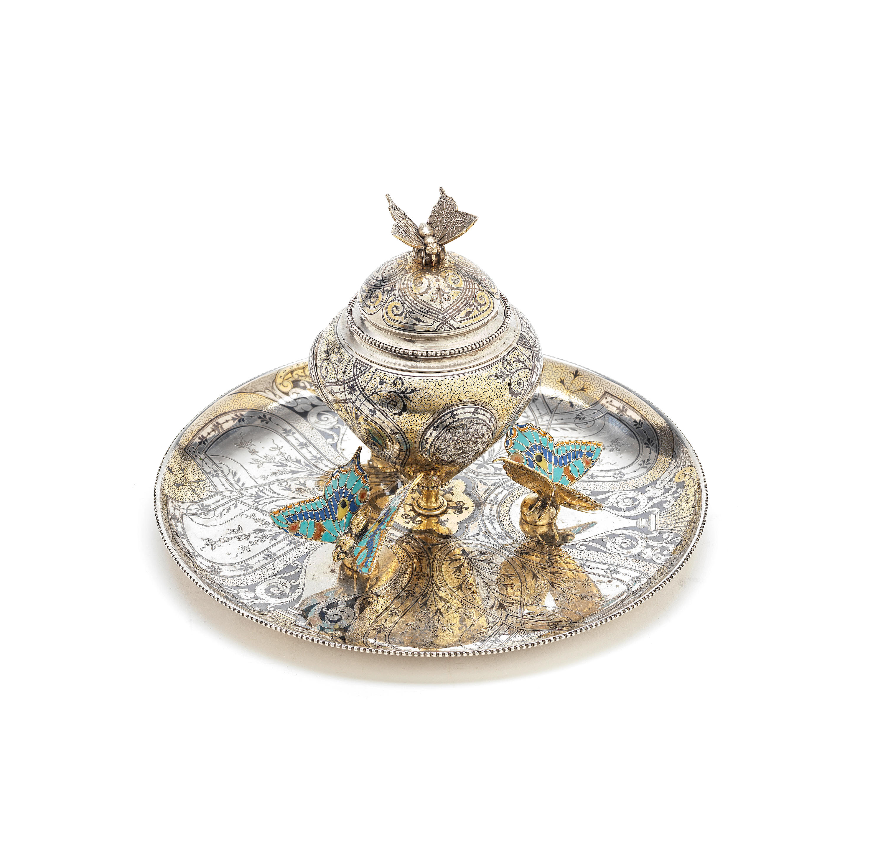 A Continental parcel-gilt silver, champleve enamel and niello inkstand