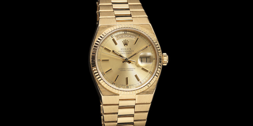 Sir Michael Caine's Rolex. An 18K gold quartz calendar bracelet watch  Oysterquartz Day-Date, Ref: 19018/19000, Circa 1979