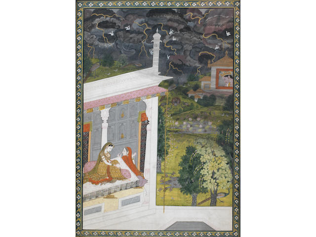 A nayika in discussion with a companion as a storm approaches Pahari, Mandi or Kangra, circa 1840-50