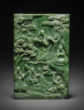 Bonhams : A RARE AND FINE SPINACH-GREEN JADE CARVED 'EIGHT LUOHANS ...