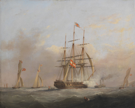 Nicholas Matthew Condy (British, 1818-1851) 'The Bellona Commanded by H.I.H. The Archduke Frederic of Austria leaving Plymouth Sept 16th 1842 accompanied by Admirals Sir David Milne & Sir S.Pym. & T. Fox Junr Esqr Austrian Consul' image 1