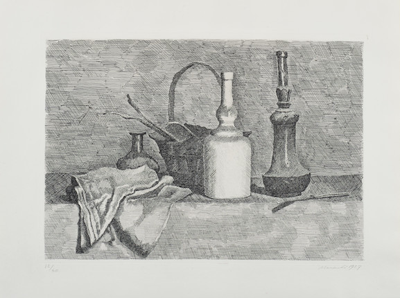 Giorgio Morandi (1890-1964) Natura morta con il panneggio a sinistra Etching, 1927, on wove paper, the second, final state, signed, dated and numbered 32/40 in pencil, with wide margins, in good condition, framedPlate 246 x 350mm. (9 3/4 x 13 3/4in.); Sheet 330 x 435mm. (13 x 17 1/8in.) image 1
