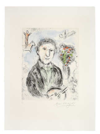 Marc Chagall (1887-1985) Portrait au Bouquet, from Songes Etching and aquatint in colours, 1981, on wove paper, signed and numbered 41/50 in pencil, published by Lacourière et Frélaut, Paris, the full sheet with a deckle edge below, with pale light-staining, the red slightly attenuated but the colours still strong, in good conditionPlate 305 x 236 (12 x 9 1/4in.); Sheet 521 x 375mm. (20 1/2 x 14 3/4in.) image 1