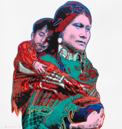 ANDY WARHOL (1928-1987) Mother and Child, from Cowboys and Indians Screenprint in colours, 1986, on Lenox Museum Board, signed and numbered 79/250 in pencil, printed by Rupert Jasen Smith, New York, with his blindstamp, published by Gaultney, Klineman Art Inc., New York, the full sheet, in very good condition, the colours fresh and vibrant, framedSheet 914 x 914mm. (36 x 36in.) image 1