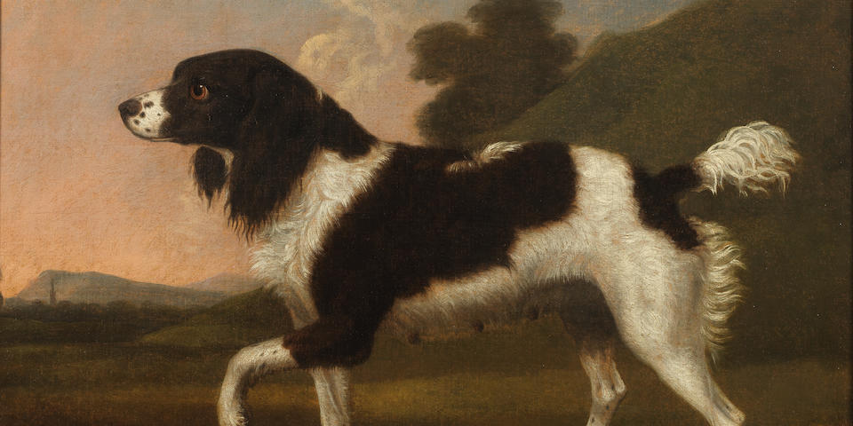 George Stubbs ARA (Liverpool 1724-1806 London) A black and white spaniel pointing to the left, in a wooded landscape with a church spire beyond