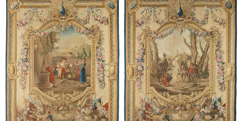 A pair of remarkable Louis XV Gobelins tapestries from the Don Quixote series circa 1757-64, signed Michel Audran and Pierre-Francois Cozette, after a design by Charles Antoin Coypel, part of the sixth weaving of the series 361.5cm x 283cm and 361cm x 275.5cm (outer slip with typical very minor wear but this is barely noticeable)